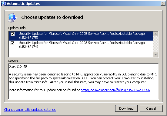 Security Update For Microsoft Visual C++ 2005 / 2008 KB2467174 and KB2467175